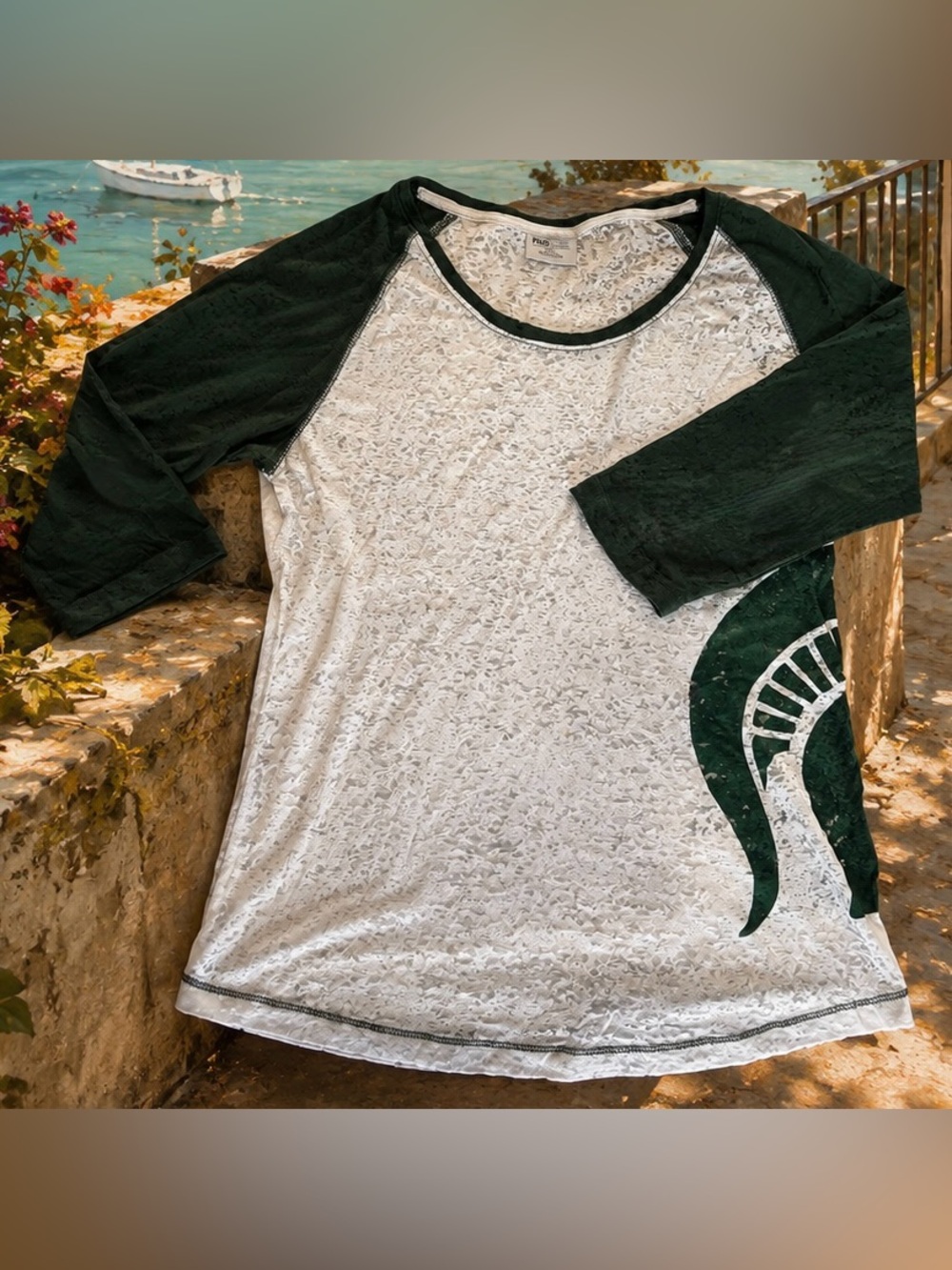 Pro Edge White Burnout Raglan Tee with Dark Green Sleeves
